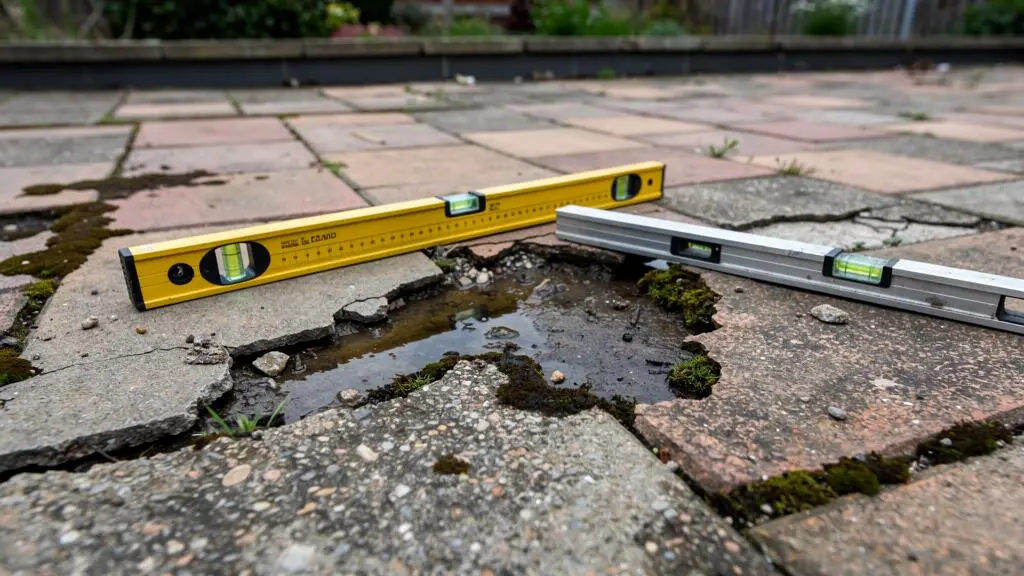 Gros plan sur un sol de terrasse endommagé présentant fissures, affaissements et traces d'humidité avec outils de diagnostic