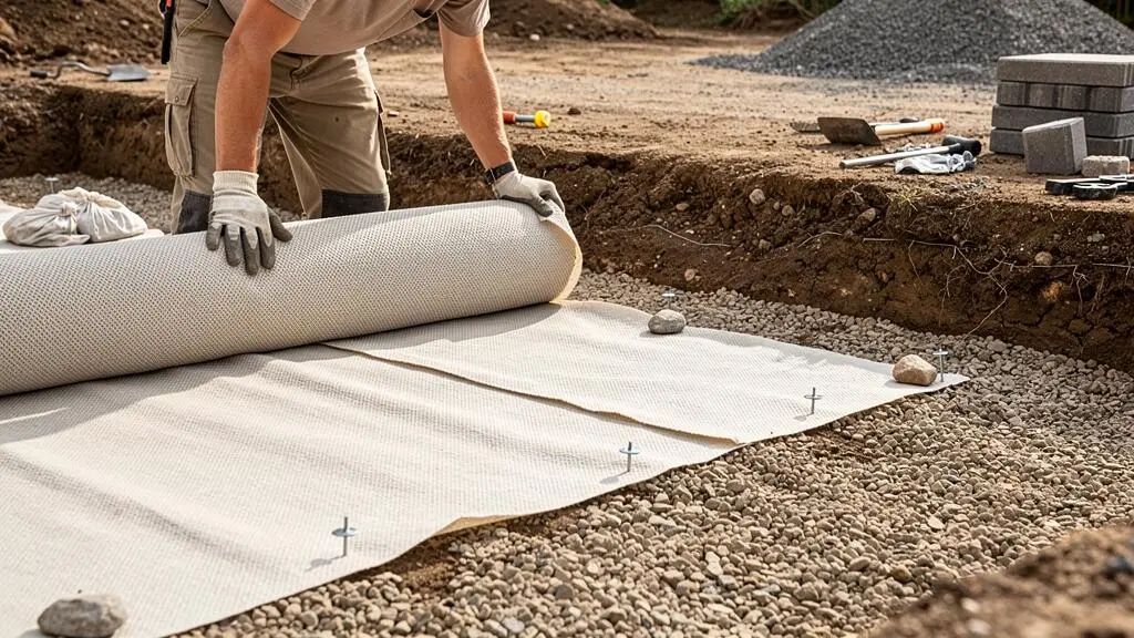 Professionnel installant du géotextile sur la base préparée d'une terrasse, déroulant le tissu avec technique de recouvrement appropriée