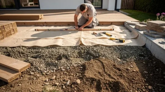 Chantier de rénovation de terrasse en cours montrant les différentes couches de préparation du sol avec géotextile partiellement installé et matériaux de revêtement en attente
