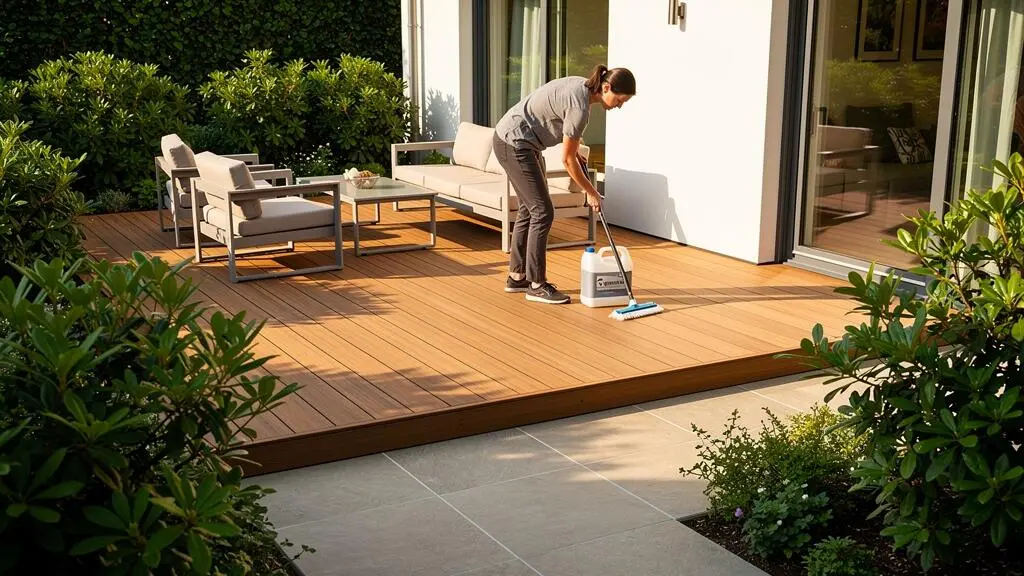 Terrasse résidentielle rénovée avec revêtement de qualité, propriétaire effectuant l'entretien régulier de la surface